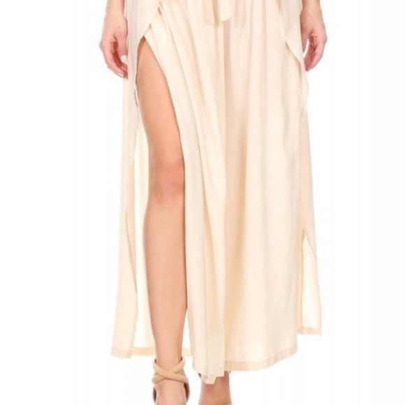 Palazzo Pants Draped Self Belt Split Leg Cream - Picture 5 of 8